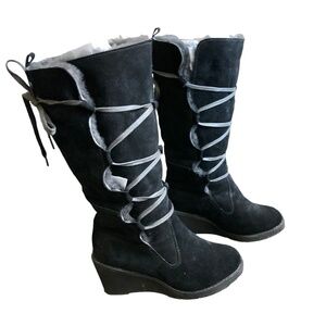FLURRIES Black Sheepskin Lace Up Mid Calf Suede Wedge Winter Boots US 9